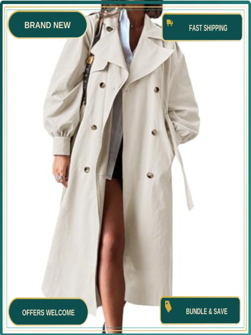 Womens Long Trench Coat Oversized Double Breasted Belted Overcoat